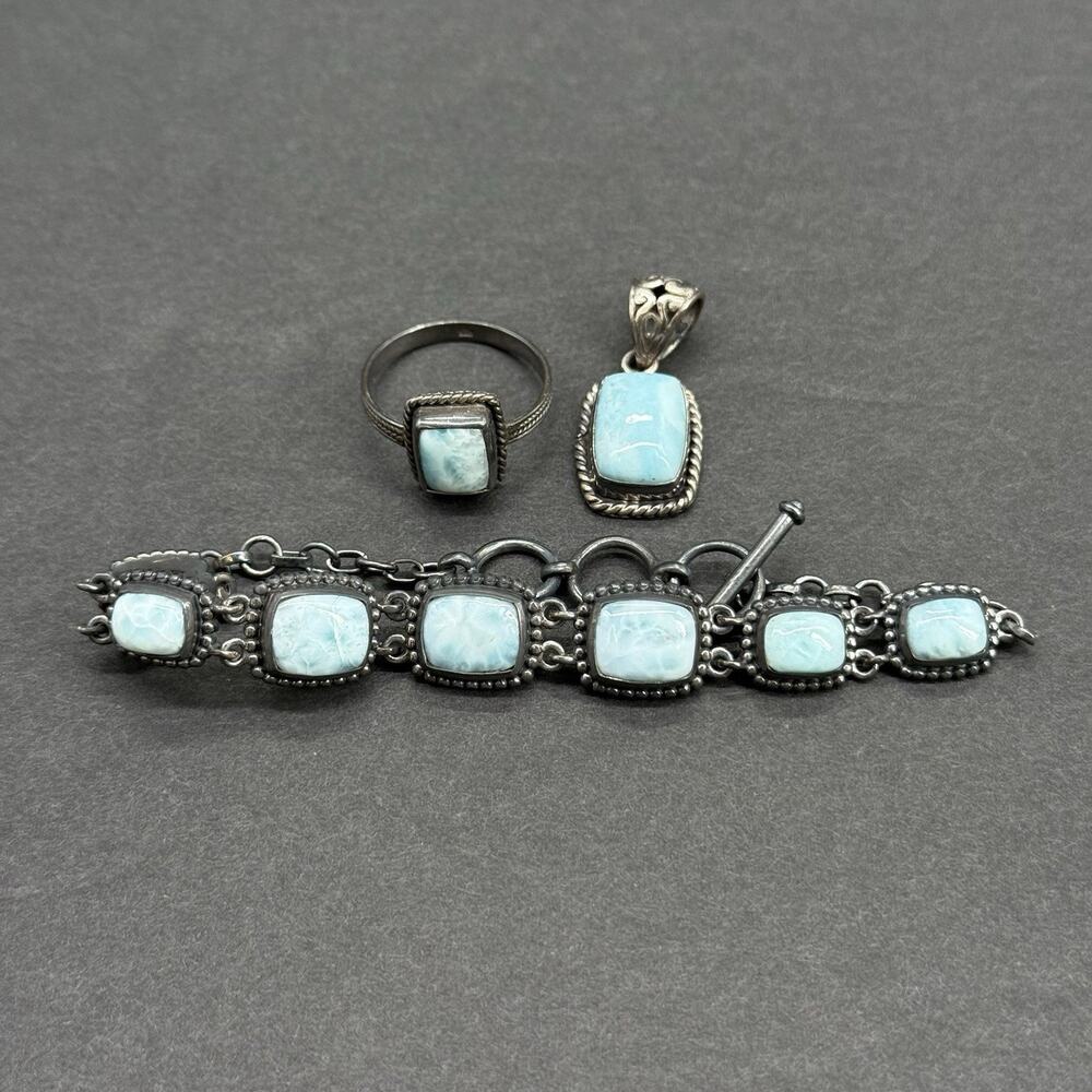 Signed STS 925 Sterling Silver Larimar Ring Size 8.5 Bracelet Pendant Set 3 Pc